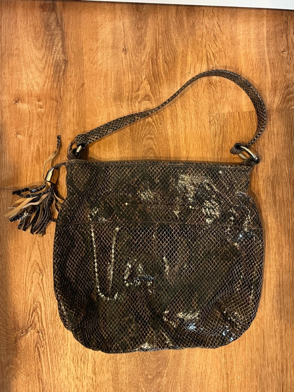 B. Makowsky Metallic Black Snake-Texture Shoulder Tote Bag